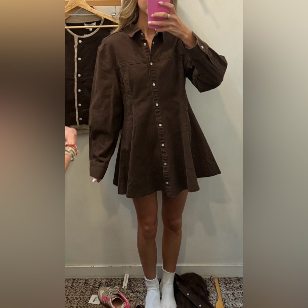 Olivaceous Chocolate Brown Denim Flare Dress